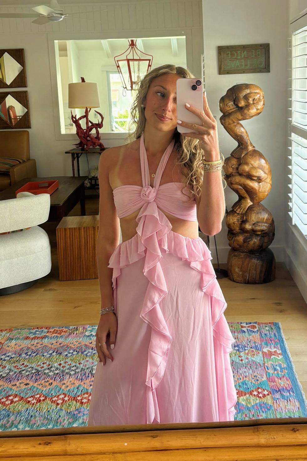 Halter Pink Chiffon Cutouts Ruffle Maxi Dress – Notjustprom