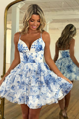 Straps Blue Floral Empire A-line Short Ruffle Dress