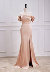Off the Shoulder Champagne Sheath Long Formal Dress