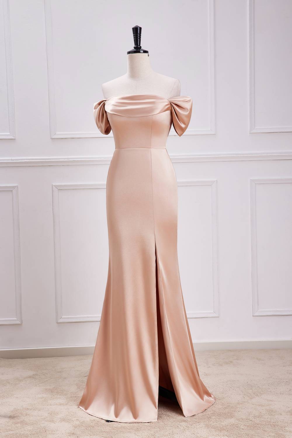 Off the Shoulder Champagne Sheath Long Formal Dress