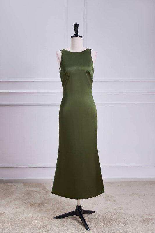 Moss Green Soft Satin Tea Length Dress