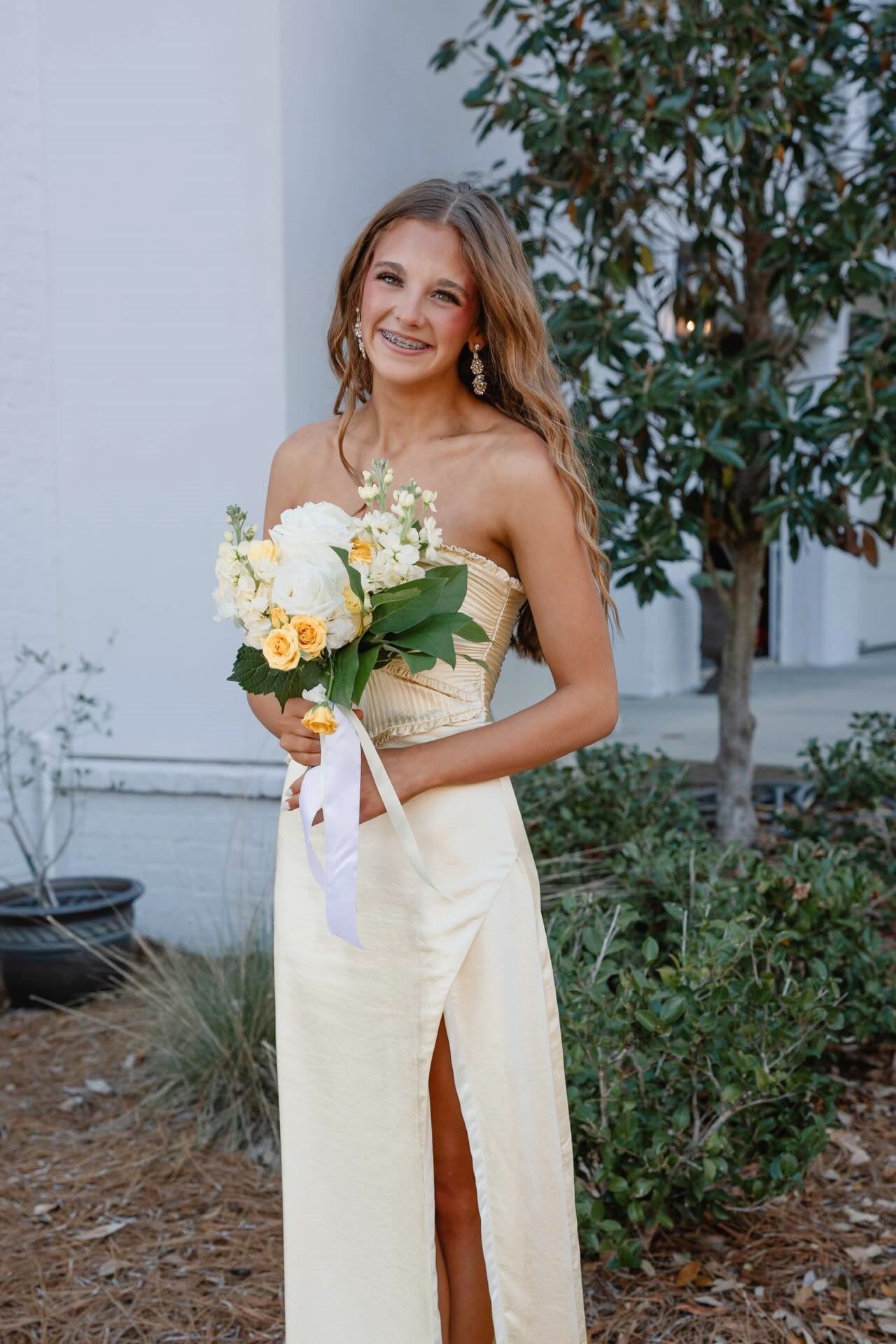 Strapless Champagne Ruched Petals Long Dress