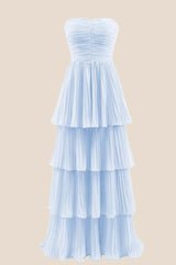 Hunter Green Strapless Layers A-line Long Prom Dress