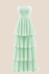 Hunter Green Strapless Layers A-line Long Prom Dress