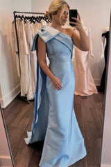 One Shoulder Dusty Blue Bridesmaid Dress with Train