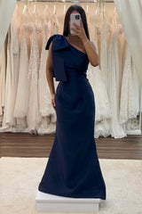 One Shoulder Navy Blue Bridesmaid Dress with Bow