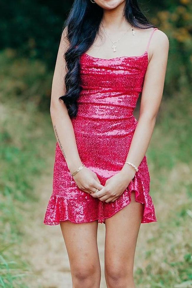 Fuchsia Spaghetti Strap Sequin Lace-up Back Dress