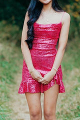 Fuchsia Spaghetti Strap Sequin Lace-up Back Dress