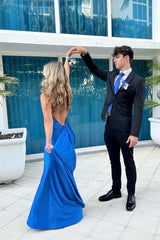 V Neck Royal Blue Mermaid Formal Dress with Train