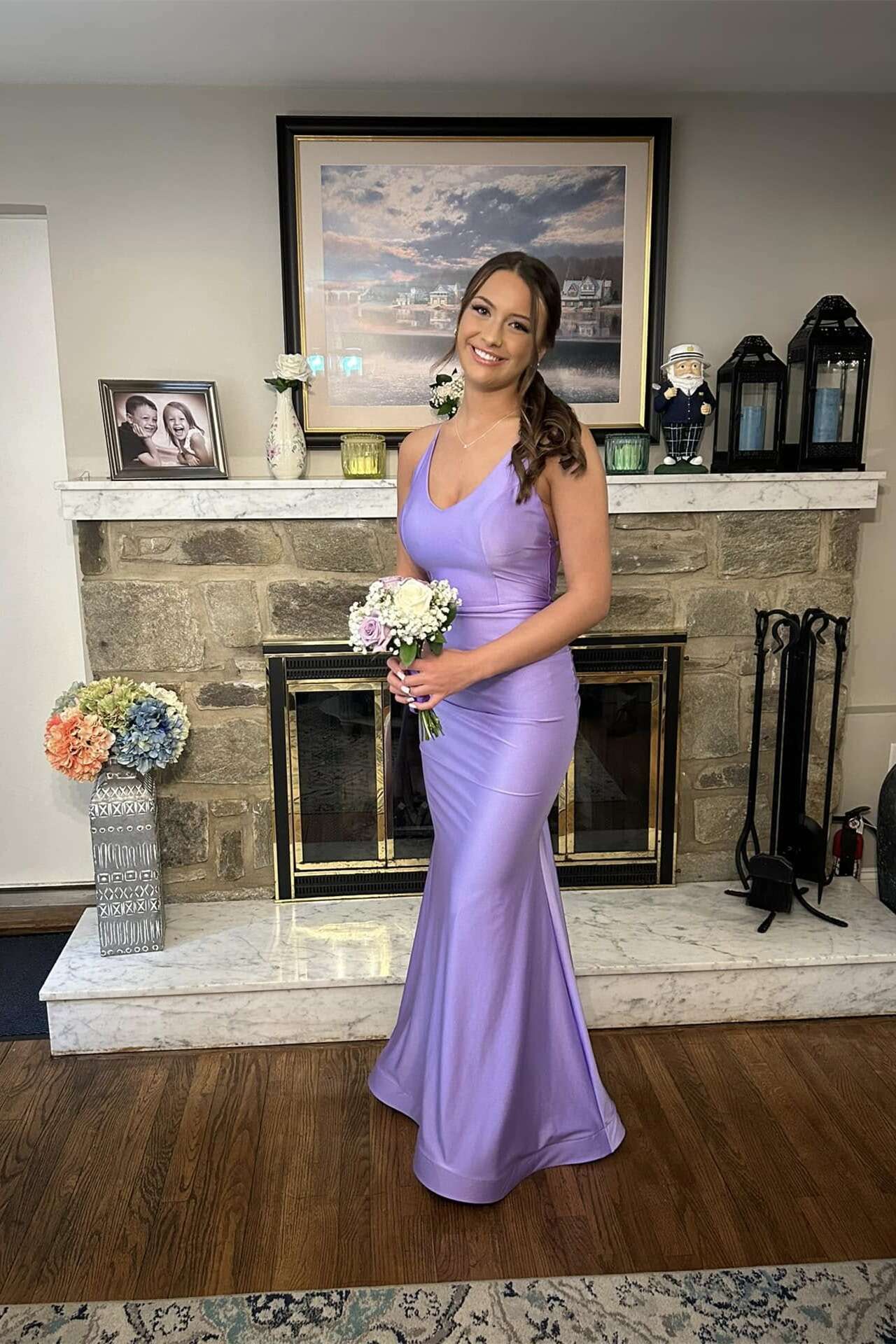 Spaghetti Straps Lavender V Neck Mermaid Party Dress