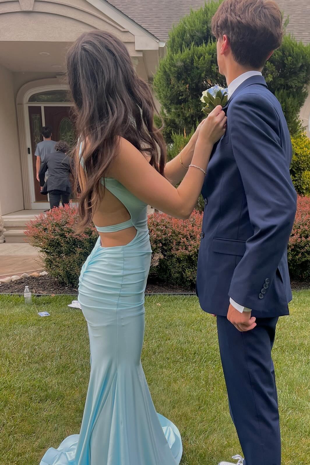 V Neck Lavender Mermaid Cross Back Formal Dress