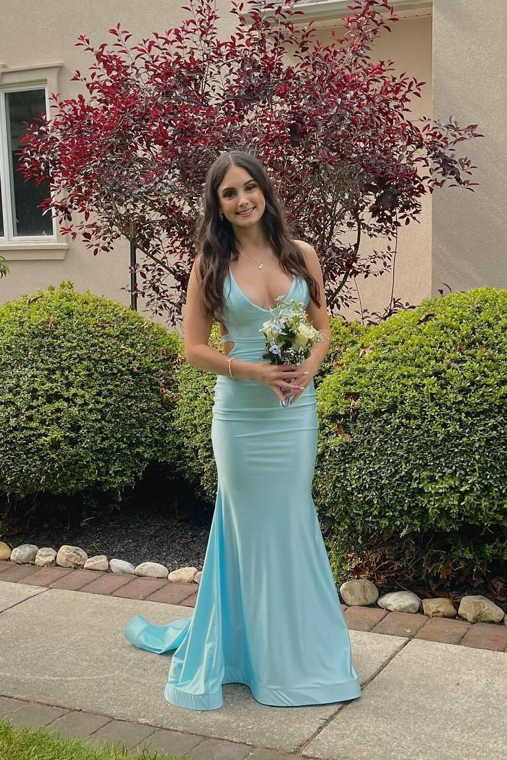 V Neck Lavender Mermaid Cross Back Formal Dress
