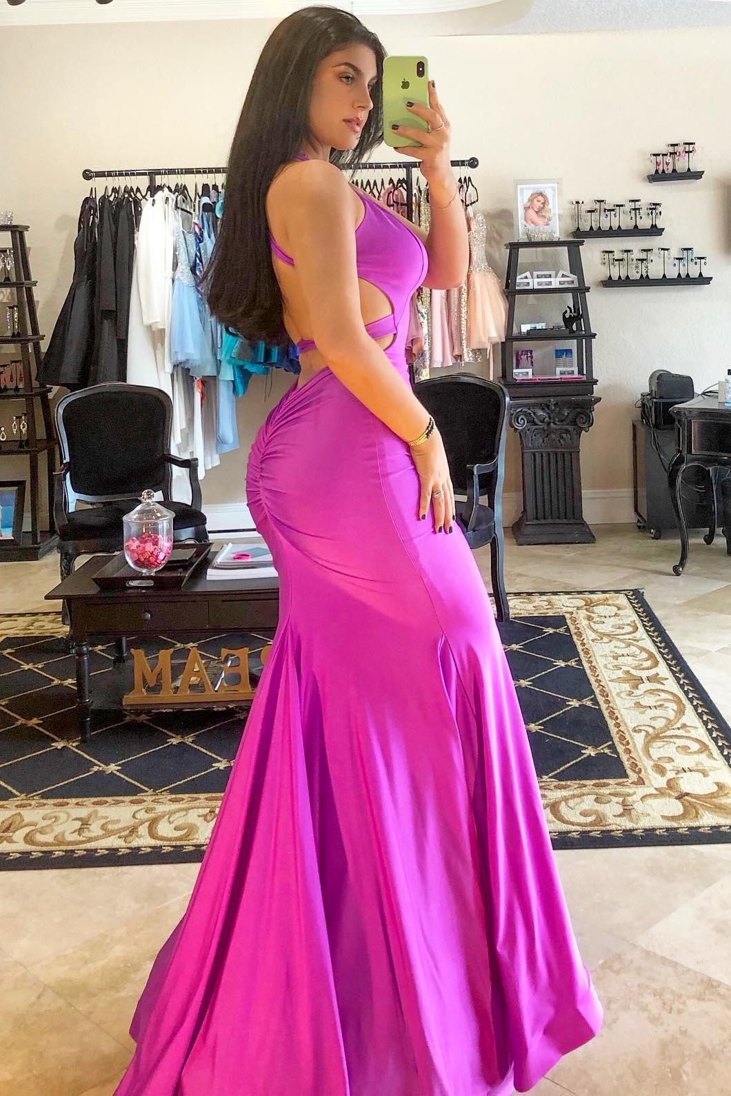 V Neck Lavender Mermaid Cross Back Formal Dress