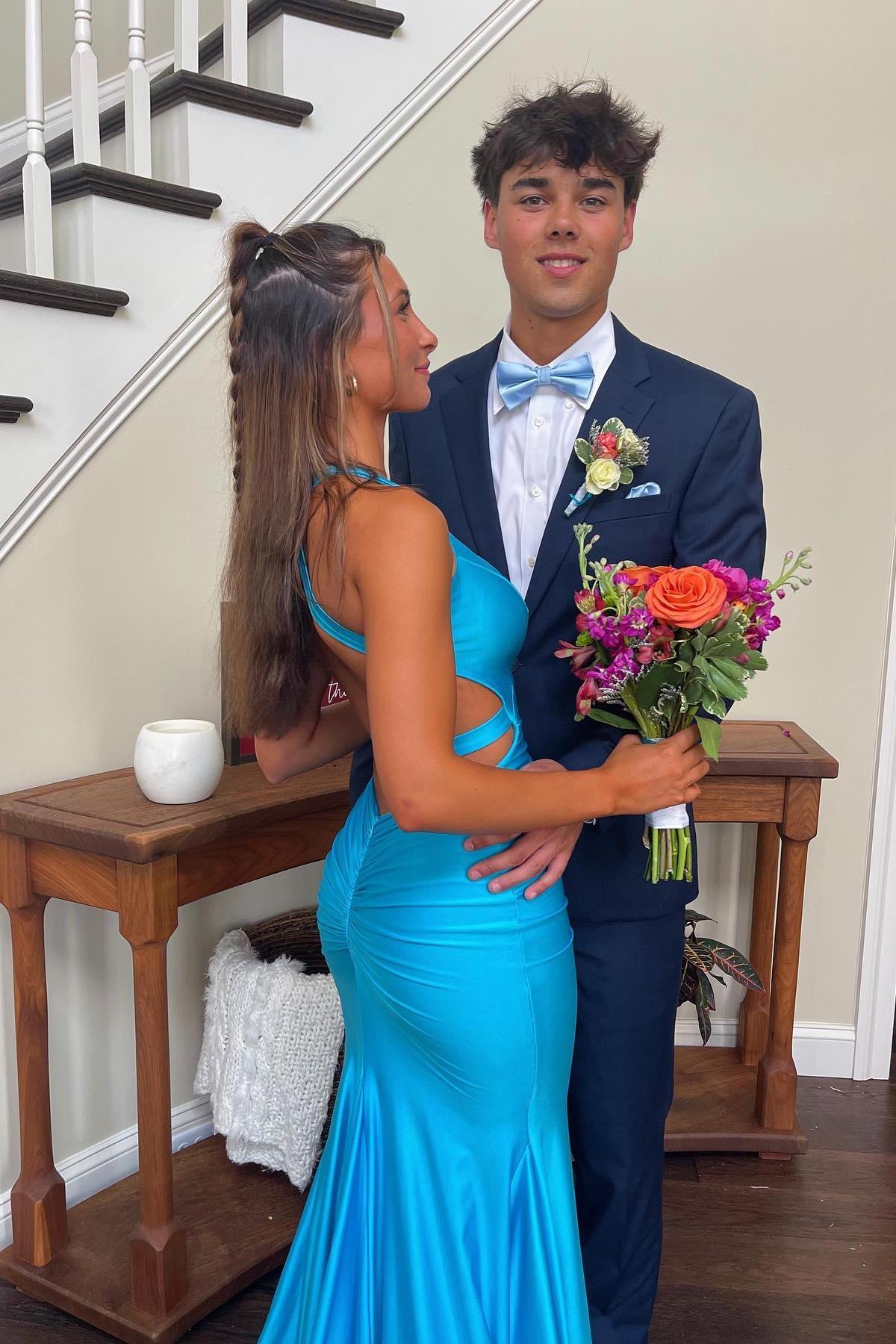 V Neck Lavender Mermaid Cross Back Formal Dress