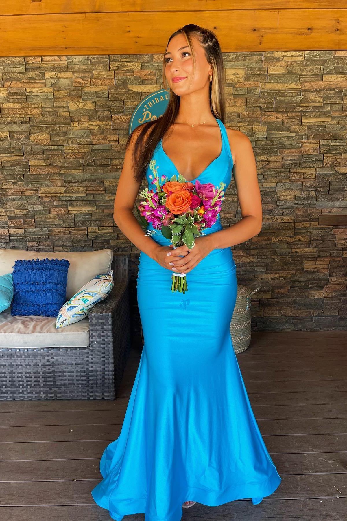 V Neck Lavender Mermaid Cross Back Formal Dress