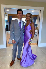 V Neck Lavender Mermaid Cross Back Formal Dress