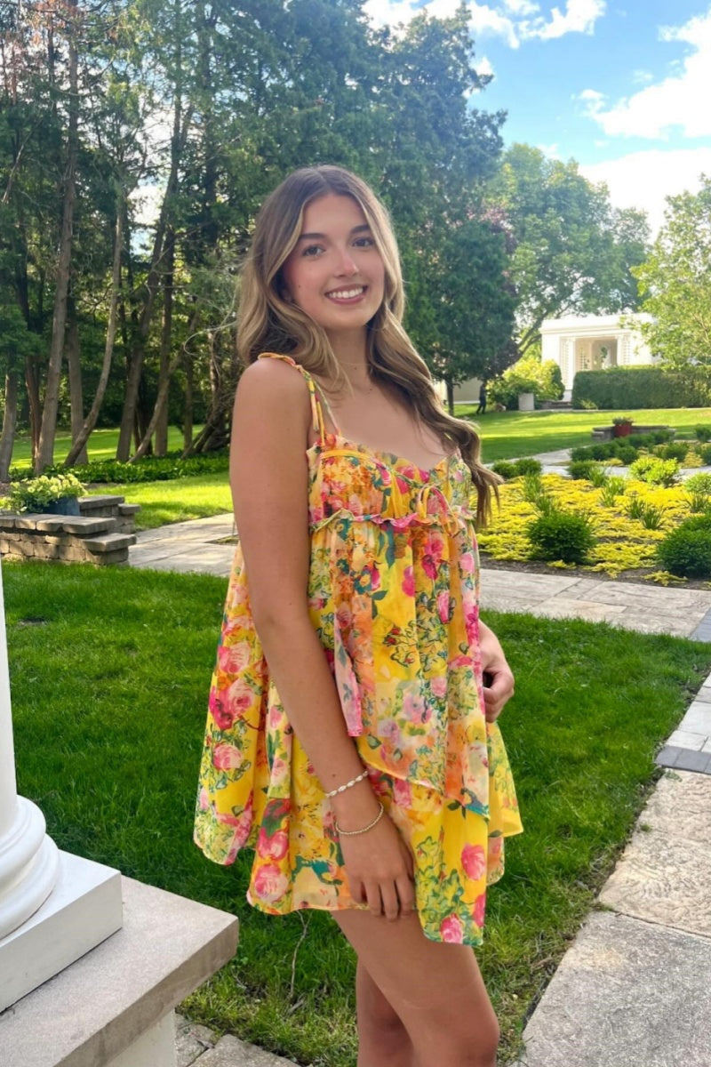 Tie-Strap Floral Print Irregular Hem Mini Dress