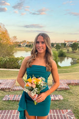 Strapless Teal Pleated Short Dress with Train