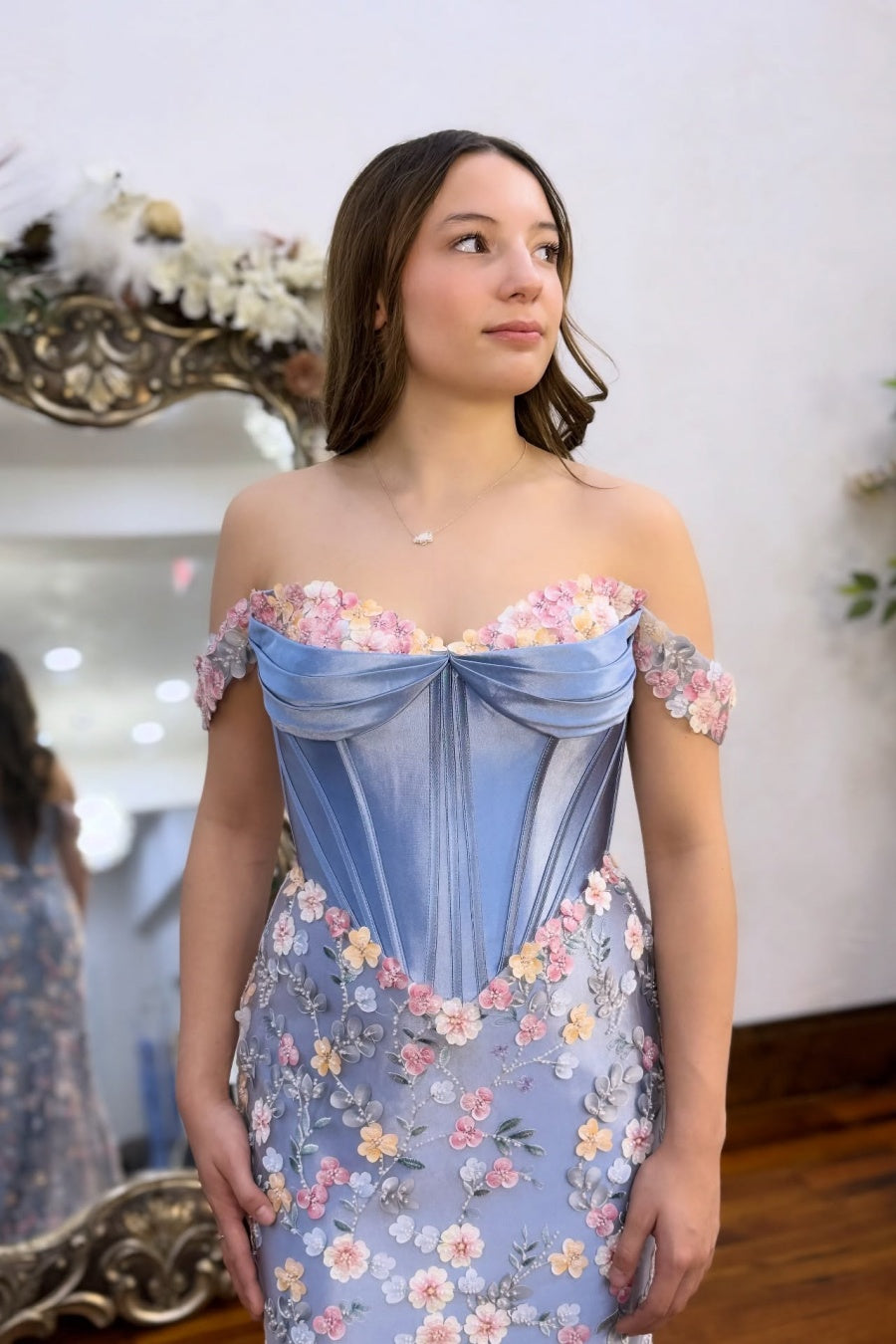 Lavender Off-the-Shoulde Floral Tulle Mermaid Gown