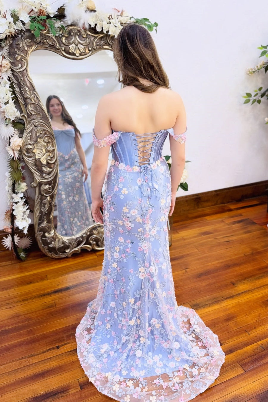 Lavender Off-the-Shoulde Floral Tulle Mermaid Gown