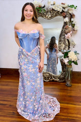 Lavender Off-the-Shoulde Floral Tulle Mermaid Gown