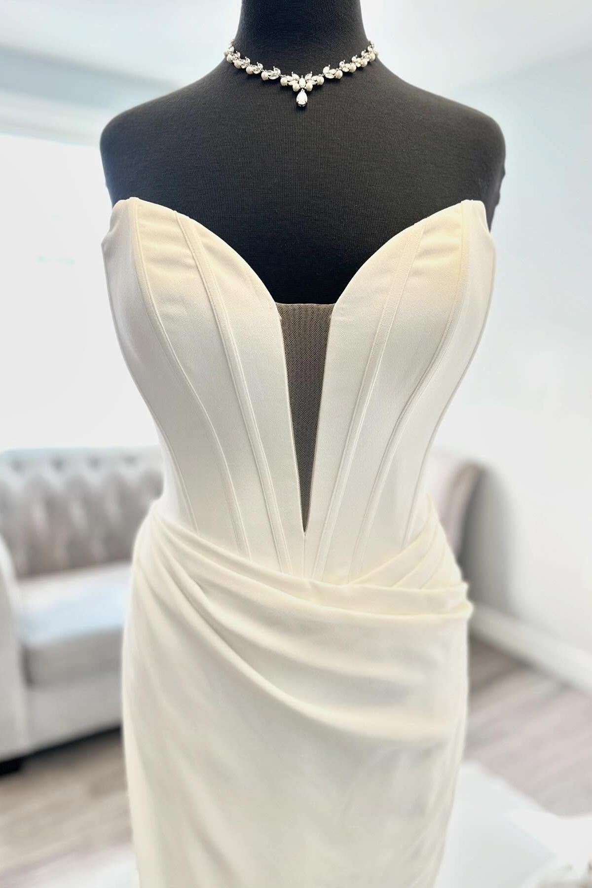 Plunge Neck Ivory Ruched Mermaid Wedding Dress