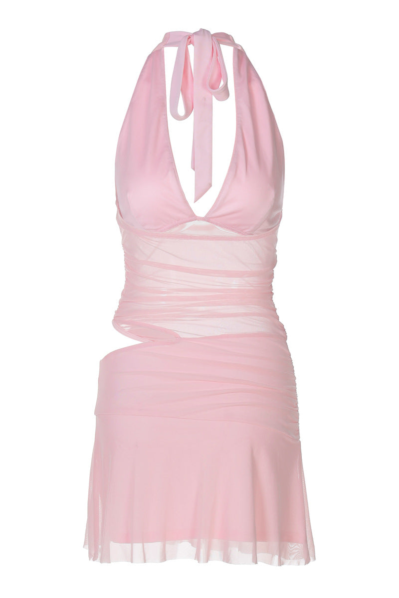 Plunge Neck Pink Sheer Bodice Short Dress