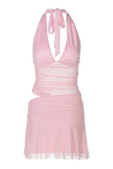 Plunge Neck Pink Sheer Bodice Short Dress