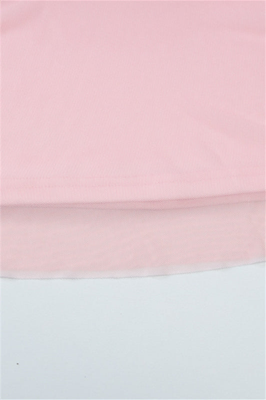 Plunge Neck Pink Sheer Bodice Short Dress