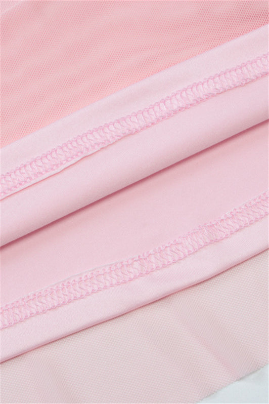 Plunge Neck Pink Sheer Bodice Short Dress