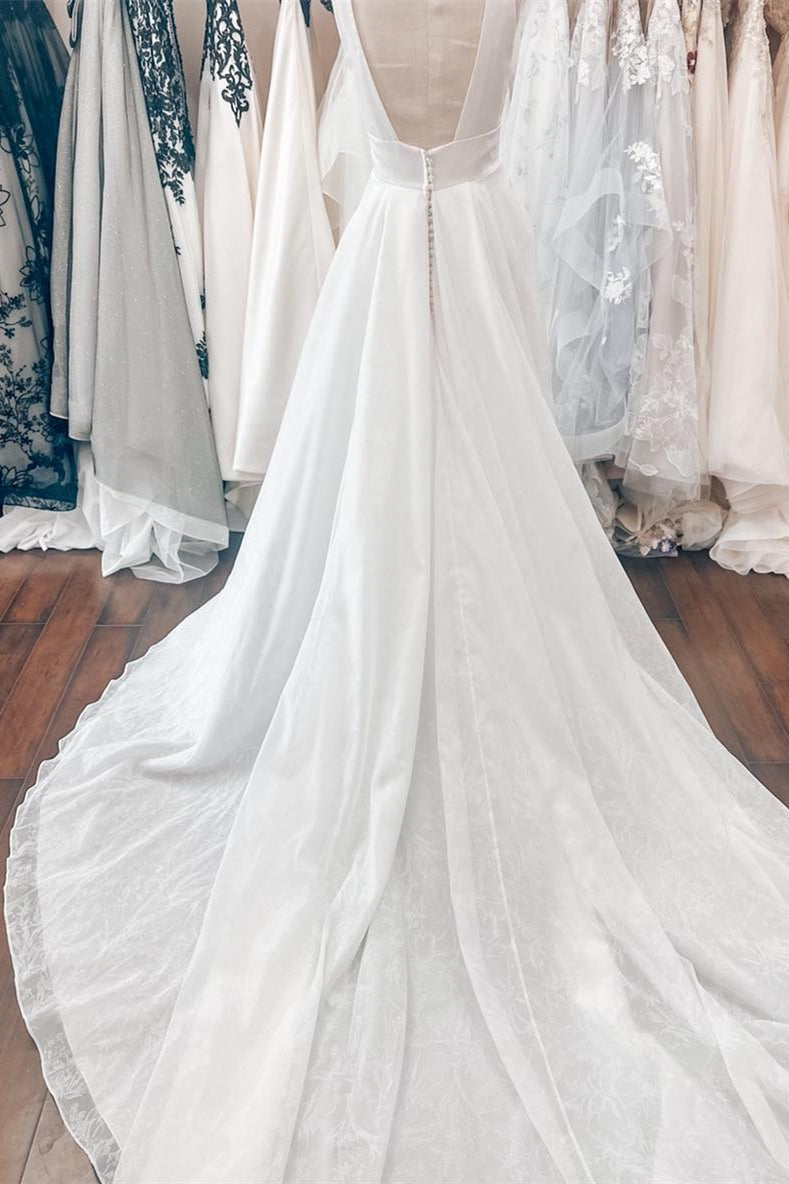 Plunge Neck White Floral Print Wedding Dress