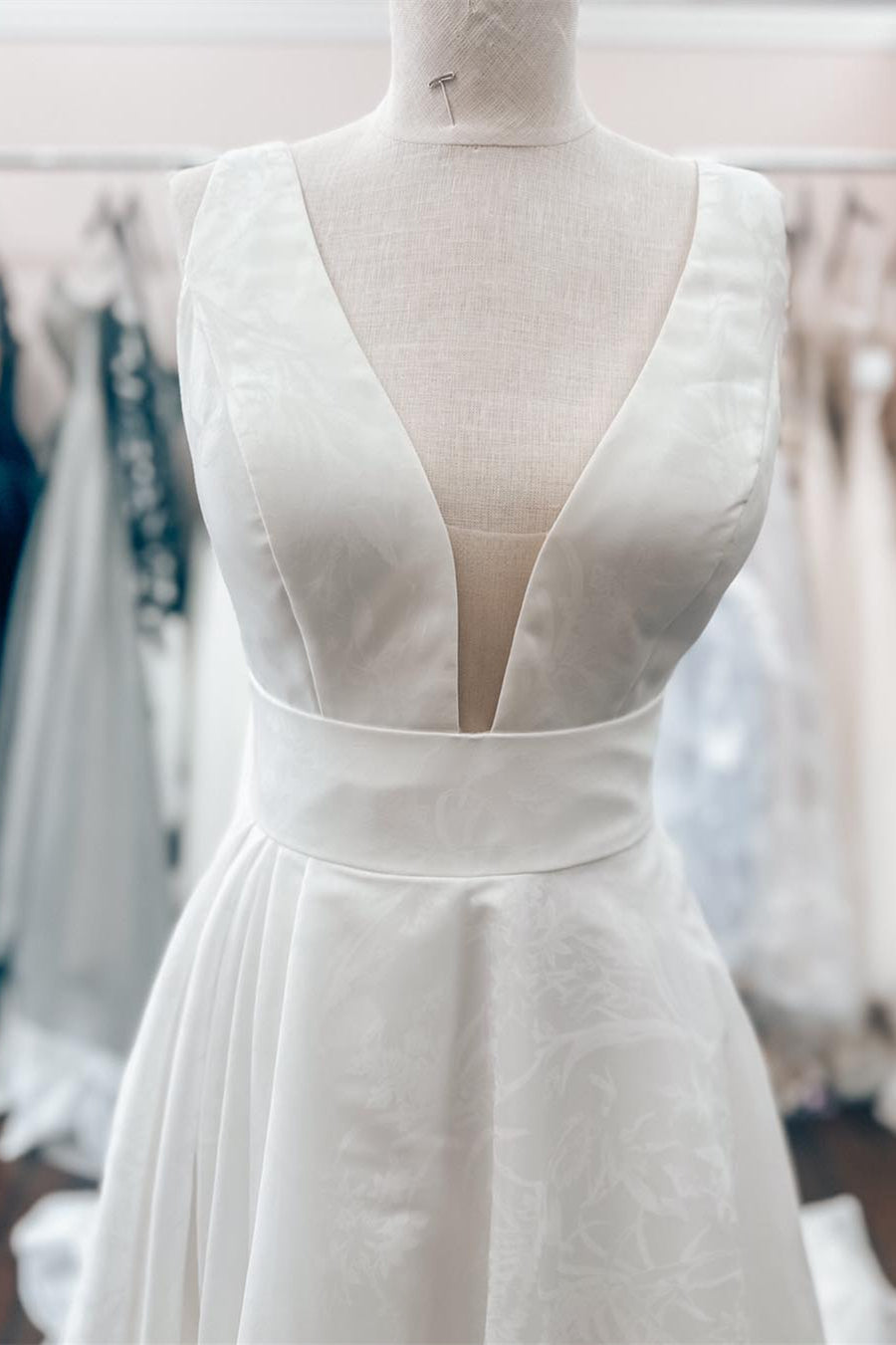 Plunge Neck White Floral Print Wedding Dress