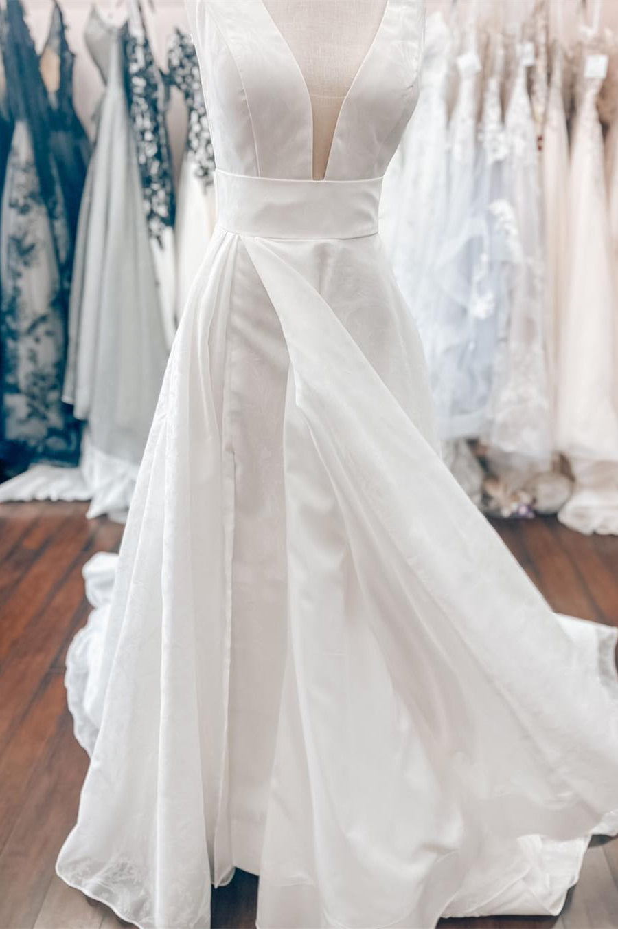 Plunge Neck White Floral Print Wedding Dress
