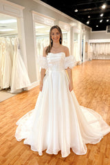 Puff Sleeves White Buttoned Back Wedding Dress
