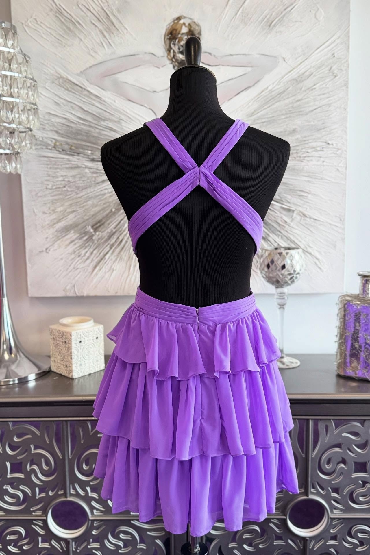 Purple Chiffon Tiered Short Cutouts Dress