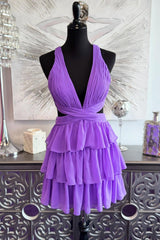 Purple Chiffon Tiered Short Cutouts Dress