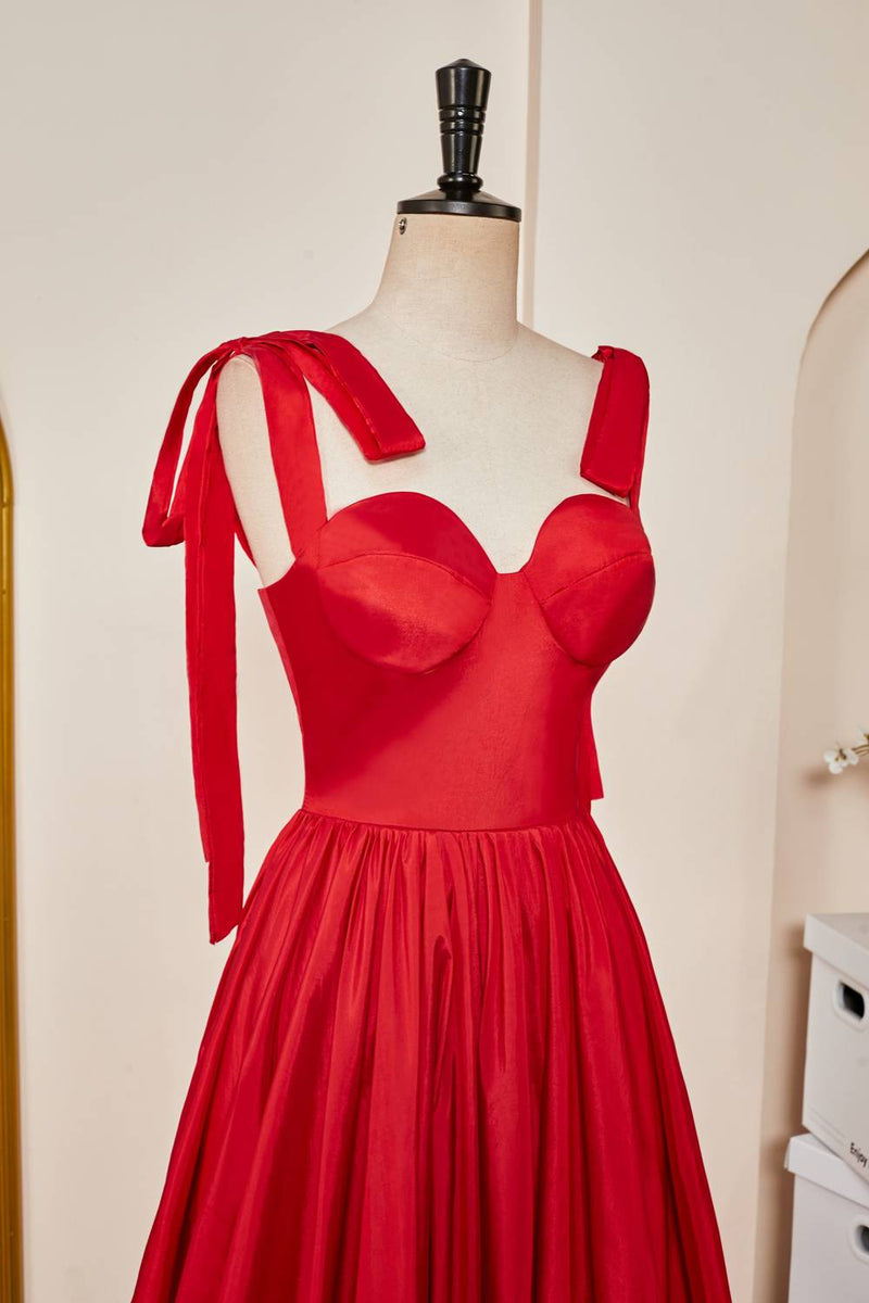 Tie Shoulder Red A-Line Taffeta A-Line Prom Dress