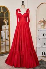 Tie Shoulder Red A-Line Taffeta A-Line Prom Dress