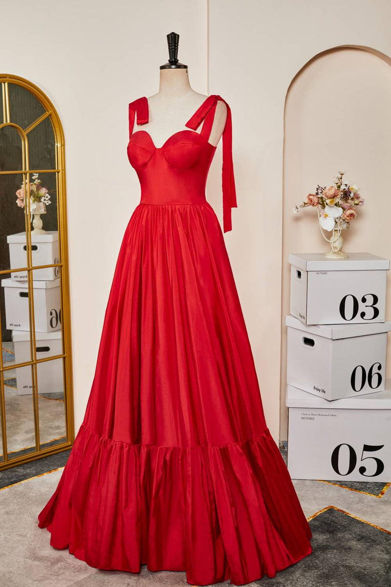 Tie Shoulder Red A-Line Taffeta A-Line Prom Dress