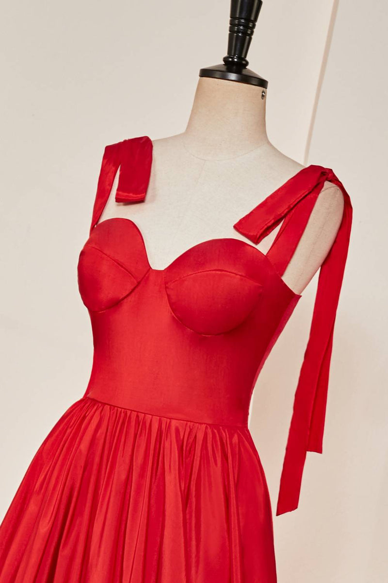 Tie Shoulder Red A-Line Taffeta A-Line Prom Dress