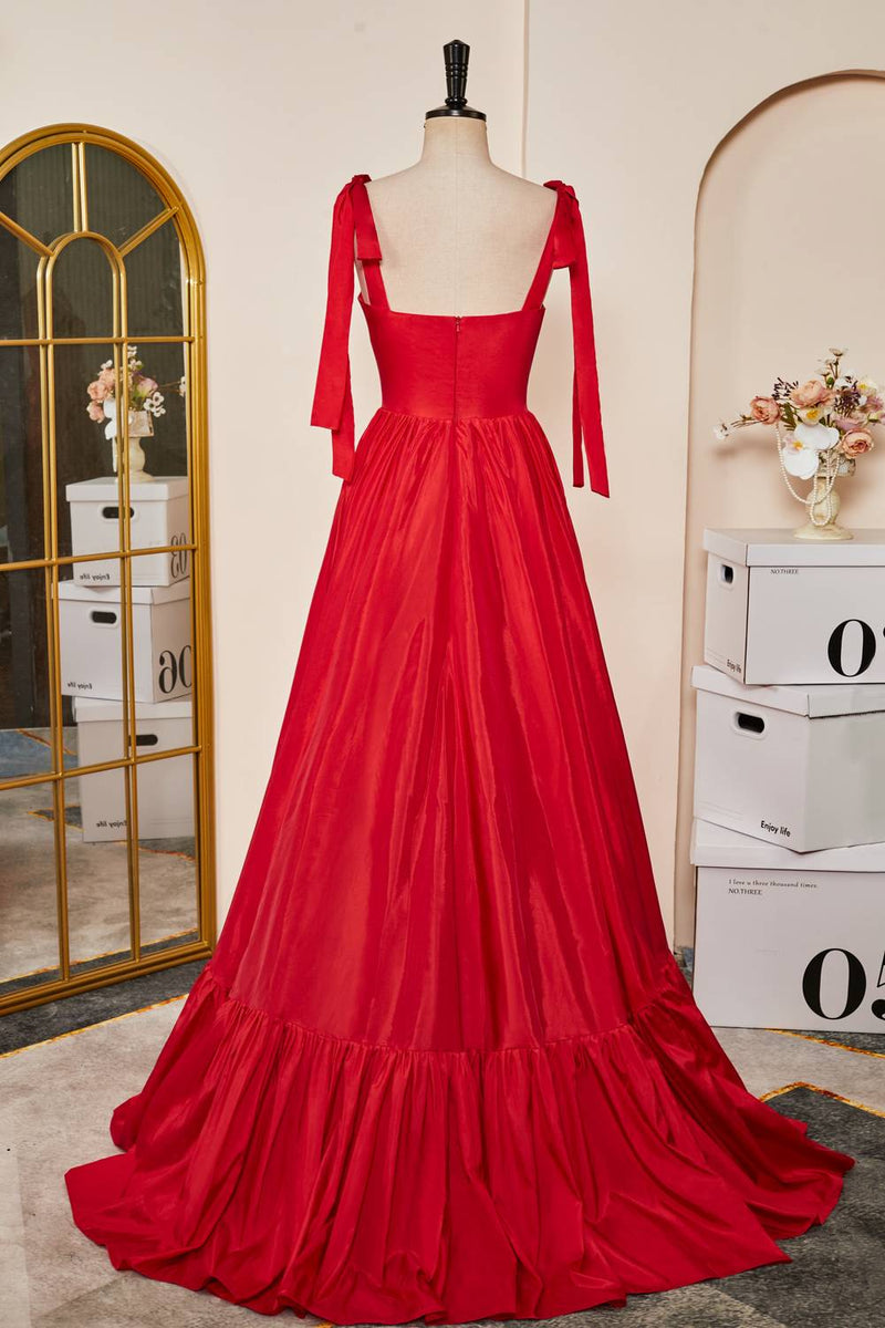 Tie Shoulder Red A-Line Taffeta A-Line Prom Dress