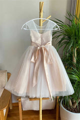 Round Neck Champagne Back Bow Flower Girl Dress