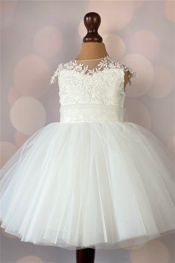Round Neck White Appliques Flower Girl Dress