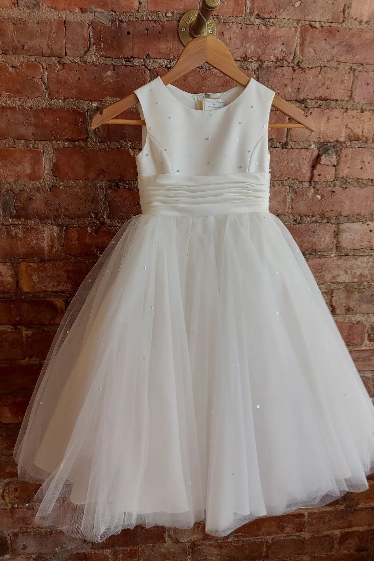 Round Neck White Flower Girl Dress with Pearls