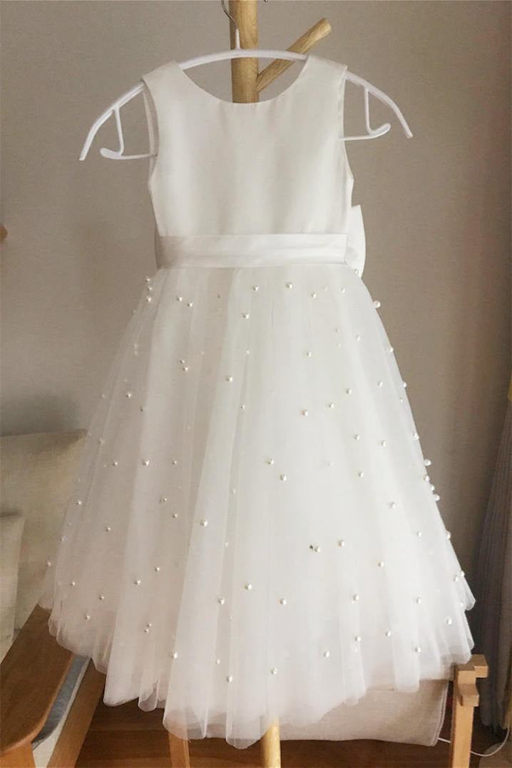 Round Neck White Flower Girl Dress with Pearls