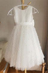 Round Neck White Flower Girl Dress with Pearls