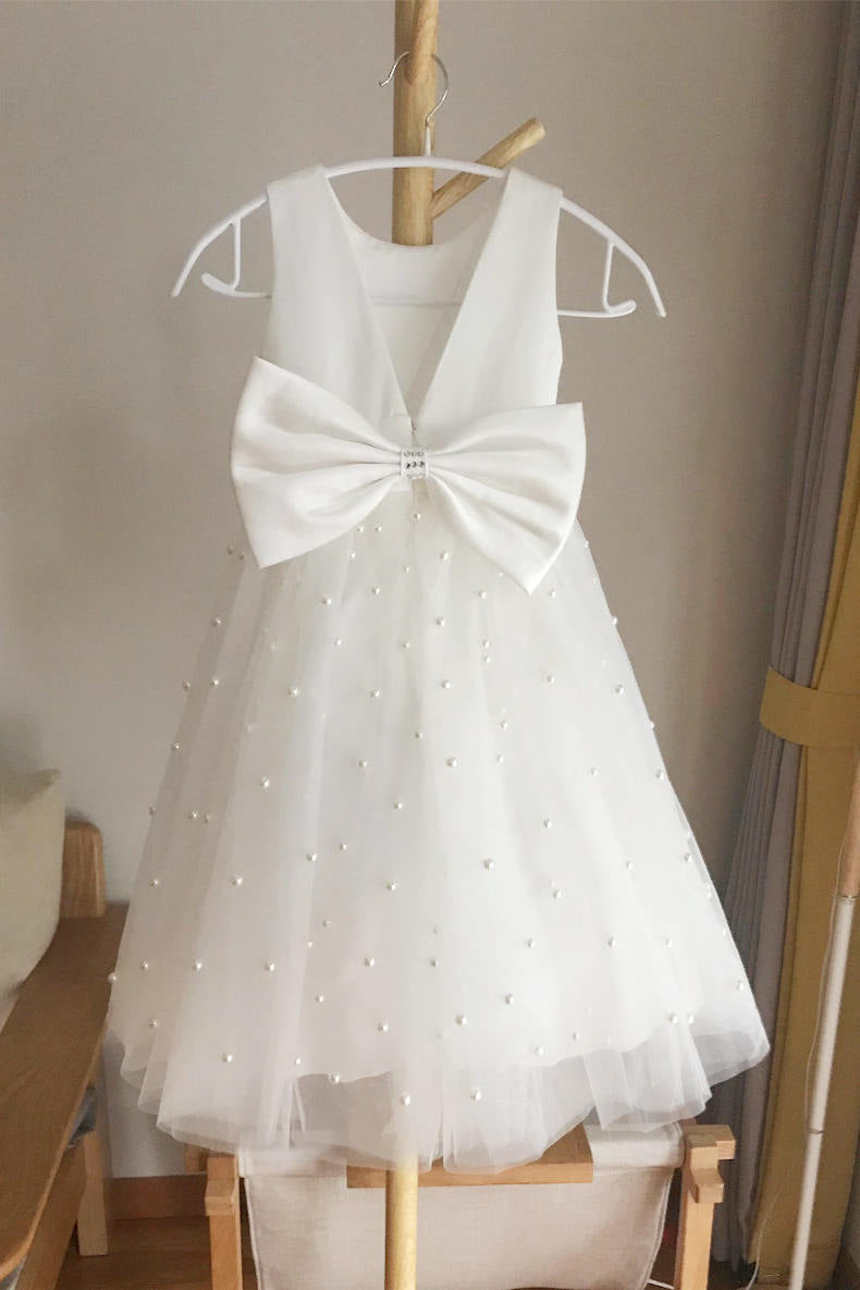 Round Neck White Flower Girl Dress with Pearls