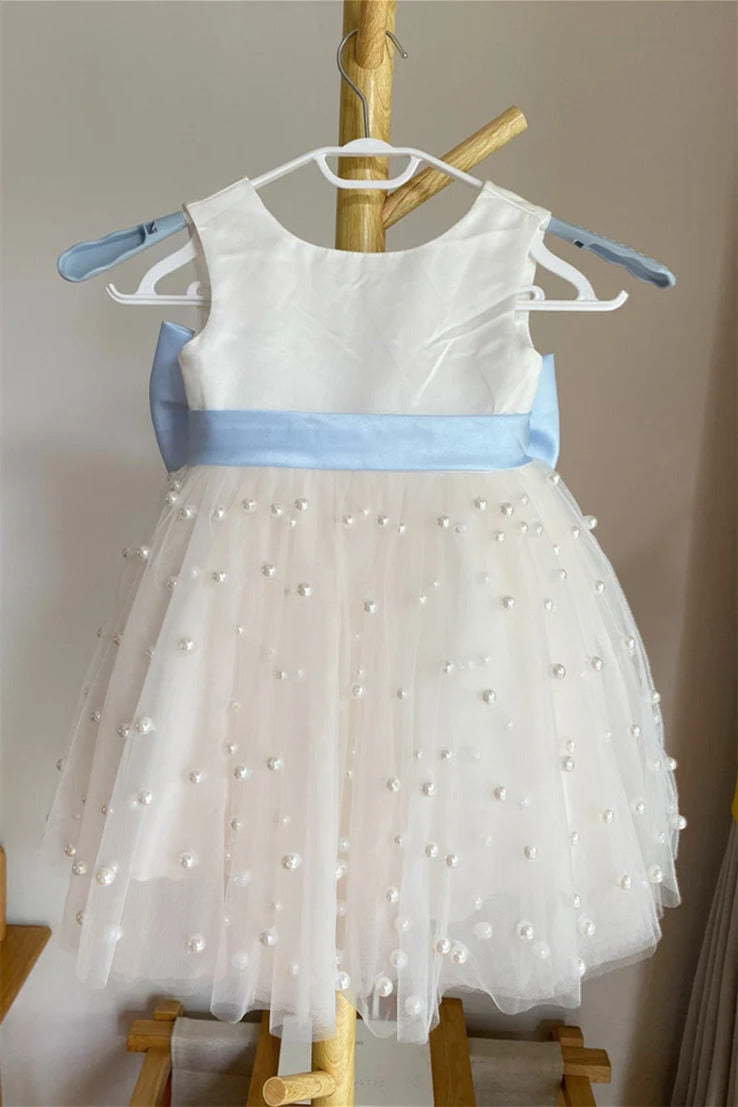 Round Neck White Flower Girl Dress with Pearls