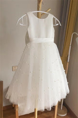 Round Neck White Flower Girl Dress with Pearls