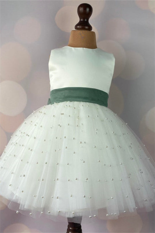 Round Neck White Pearls Flower Girl Dress